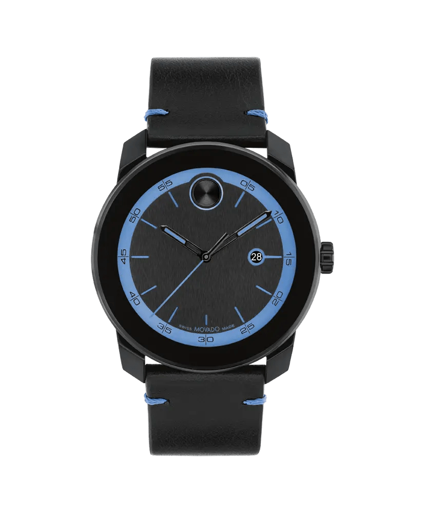 Movado BOLD TR90 Black / Blue Dial Black Leather Strap Watch 42mm - 3601111 - Tivoli Jewelers