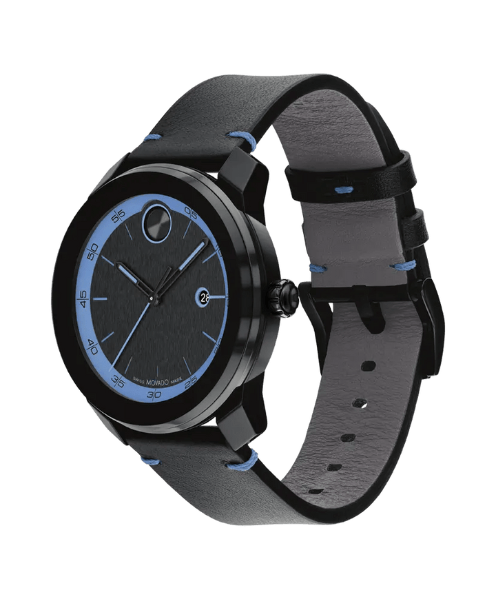 Movado BOLD TR90 Black / Blue Dial Black Leather Strap Watch 42mm - 3601111 - Tivoli Jewelers