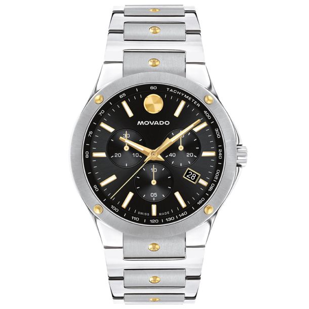 Movado SE Chronograph Black Dial Two-Tone Bracelet Watch 42mm - 0607972 - Tivoli Jewelers